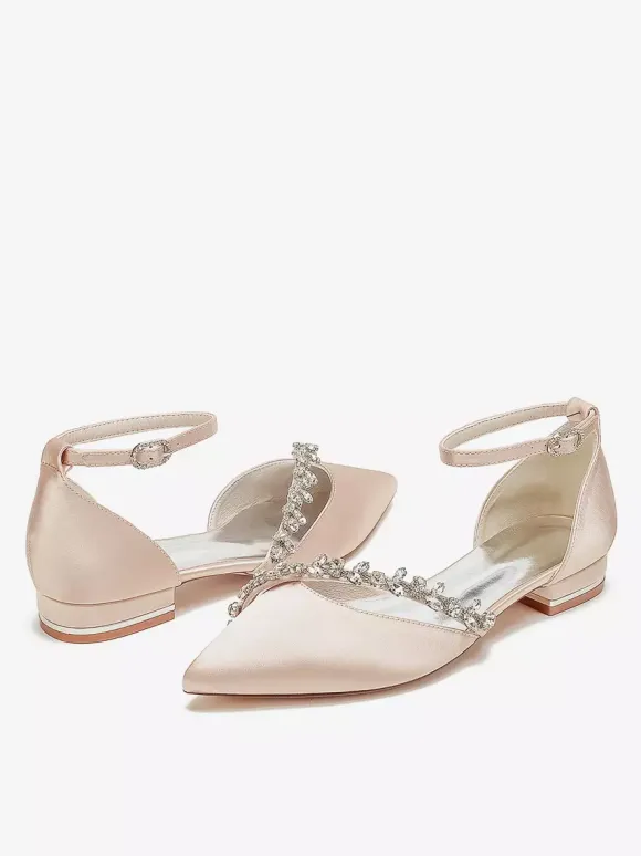 Flat Wedding Shoes Satin Pointed Toe Rhinestones Ankle Strap Bridal Shoes