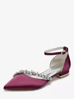 Flat Wedding Shoes Satin Pointed Toe Rhinestones Ankle Strap Bridal Shoes
