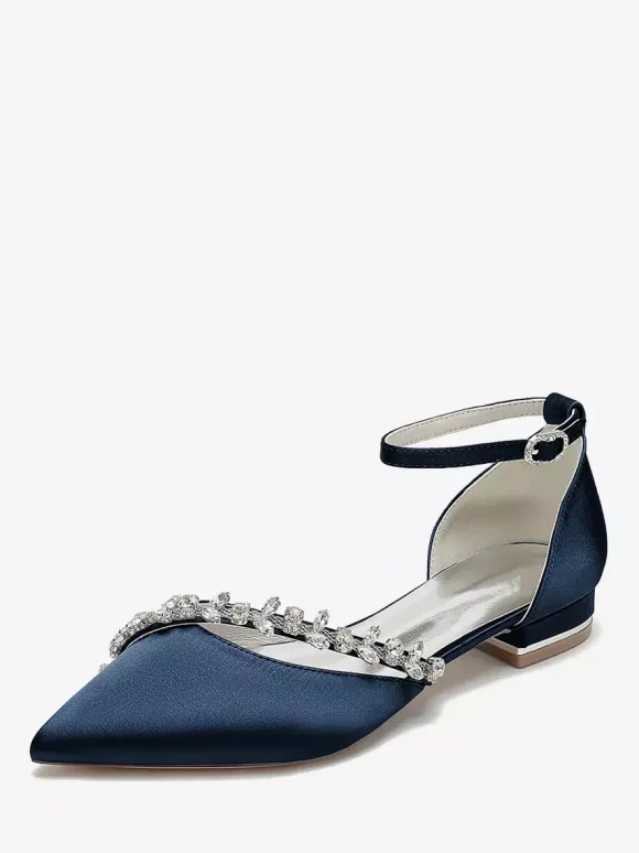 Flat Wedding Shoes Satin Pointed Toe Rhinestones Ankle Strap Bridal Shoes