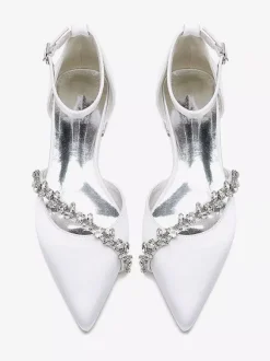Flat Wedding Shoes Satin Pointed Toe Rhinestones Ankle Strap Bridal Shoes
