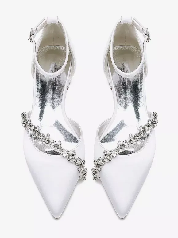 Flat Wedding Shoes Satin Pointed Toe Rhinestones Ankle Strap Bridal Shoes