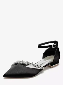 Flat Wedding Shoes Satin Pointed Toe Rhinestones Ankle Strap Bridal Shoes