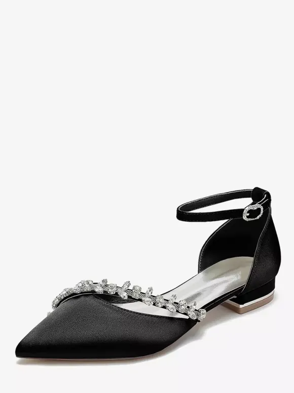 Flat Wedding Shoes Satin Pointed Toe Rhinestones Ankle Strap Bridal Shoes