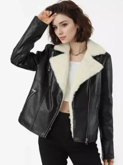 Fleece Lined Moto Jacket Wide Shearling Lapel Asym Zip Warm Faux Leather Coat
