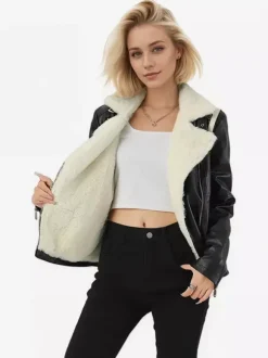 Fleece Lined Moto Jacket Wide Shearling Lapel Asym Zip Warm Faux Leather Coat