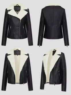 Fleece Lined Moto Jacket Wide Shearling Lapel Asym Zip Warm Faux Leather Coat