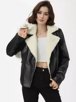 Fleece Lined Moto Jacket Wide Shearling Lapel Asym Zip Warm Faux Leather Coat
