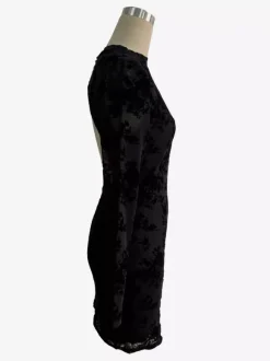 Flocked Floral Cutout Back Long Sleeve Bodycon Mini Dress For Women 2026