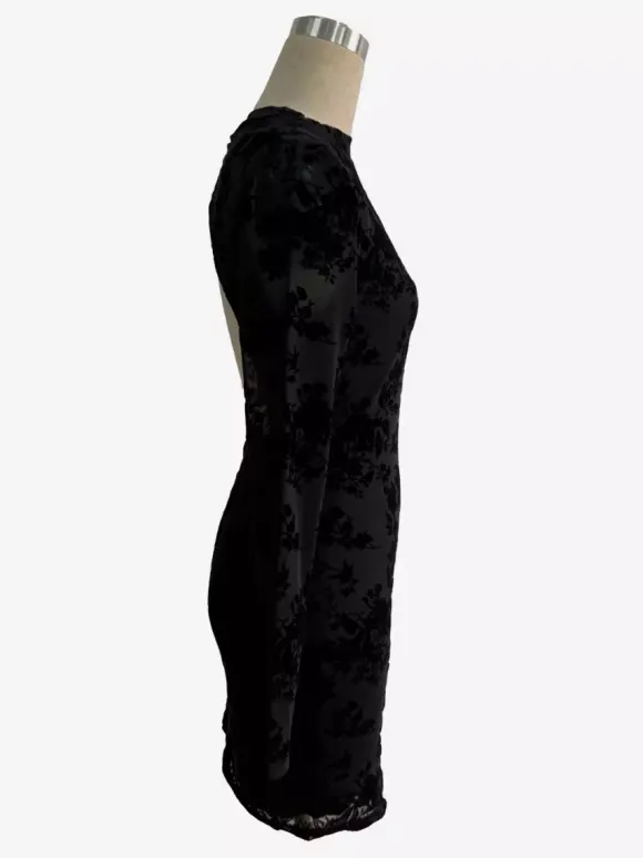 Flocked Floral Cutout Back Long Sleeve Bodycon Mini Dress For Women 2026