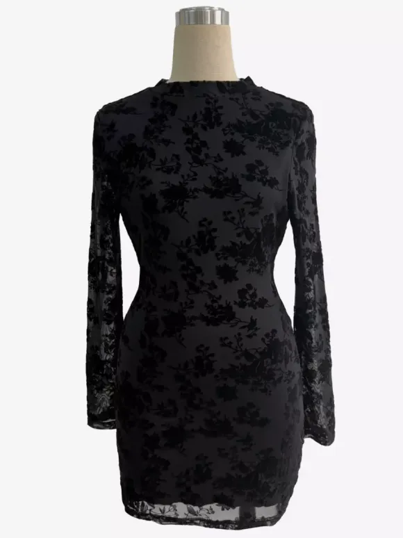 Flocked Floral Cutout Back Long Sleeve Bodycon Mini Dress For Women 2026