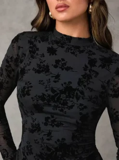 Flocked Floral Cutout Back Long Sleeve Bodycon Mini Dress For Women 2026