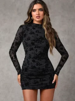 Flocked Floral Cutout Back Long Sleeve Bodycon Mini Dress For Women 2026