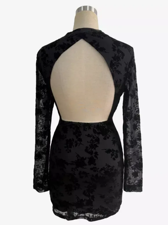 Flocked Floral Cutout Back Long Sleeve Bodycon Mini Dress For Women 2026