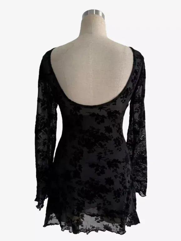 Flocked Floral Hollow Out Bow Flare Sleeve Mini Dress For Women 2026