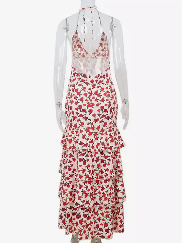 Floral Backless Maxi Dress For Women - Flowers Print Tiered Ruffle Hem High Slit Halter Gown - Summer Sexy Date Night Outfit 2026