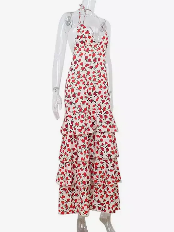 Floral Backless Maxi Dress For Women - Flowers Print Tiered Ruffle Hem High Slit Halter Gown - Summer Sexy Date Night Outfit 2026