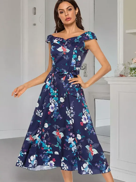 Floral Dress Floral Print Off-The-Shoulder Sleeveless Zipper Elegant Summer Long Dress