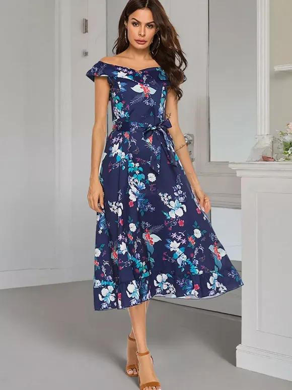 Floral Dress Floral Print Off-The-Shoulder Sleeveless Zipper Elegant Summer Long Dress