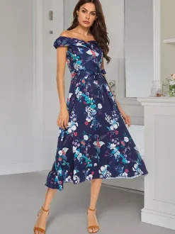 Floral Dress Floral Print Off-The-Shoulder Sleeveless Zipper Elegant Summer Long Dress