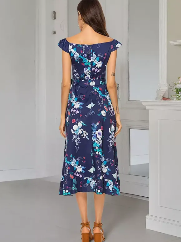 Floral Dress Floral Print Off-The-Shoulder Sleeveless Zipper Elegant Summer Long Dress