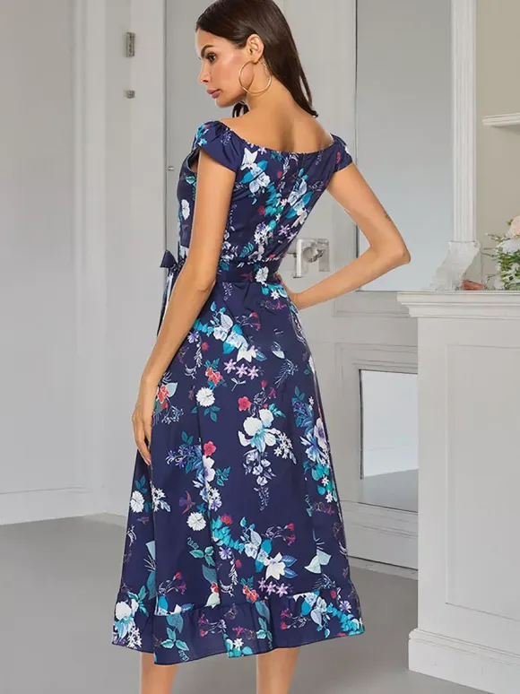 Floral Dress Floral Print Off-The-Shoulder Sleeveless Zipper Elegant Summer Long Dress