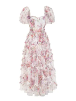 Floral Dress Floral Print Puff Sleeves Belted Sweet Party Prom Maxi Dresses