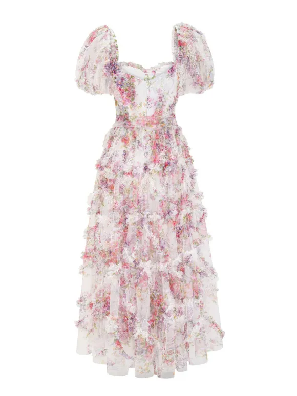 Floral Dress Floral Print Puff Sleeves Belted Sweet Party Prom Maxi Dresses