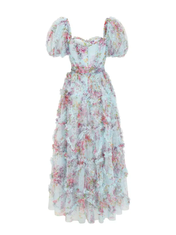 Floral Dress Floral Print Puff Sleeves Belted Sweet Party Prom Maxi Dresses