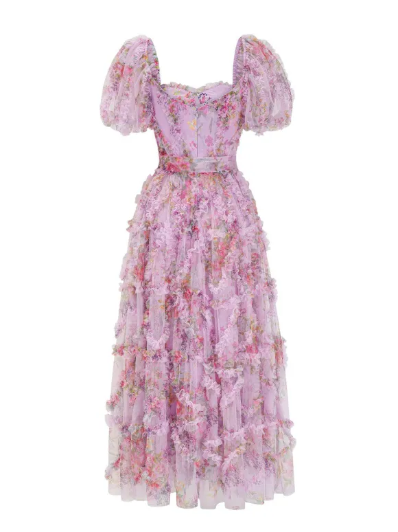 Floral Dress Floral Print Puff Sleeves Belted Sweet Party Prom Maxi Dresses