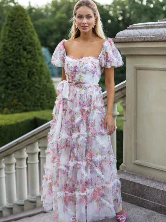 Floral Dress Floral Print Puff Sleeves Belted Sweet Party Prom Maxi Dresses
