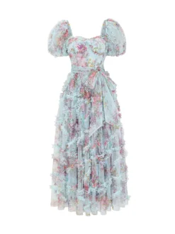 Floral Dress Floral Print Puff Sleeves Belted Sweet Party Prom Maxi Dresses