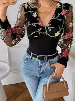 Floral Embroidered V-Neck Long Sleeves Blouse For Women 2026