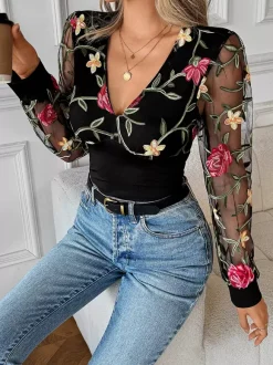Floral Embroidered V-Neck Long Sleeves Blouse For Women 2026