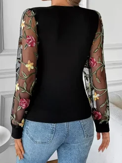 Floral Embroidered V-Neck Long Sleeves Blouse For Women 2026