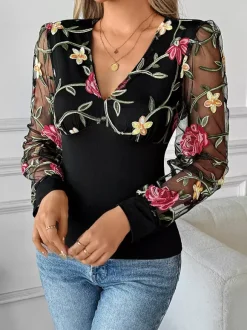 Floral Embroidered V-Neck Long Sleeves Blouse For Women 2026