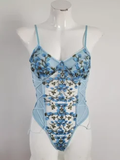 Floral Embroidery Mesh Underwire Drawstring Side Teddy Bodysuit