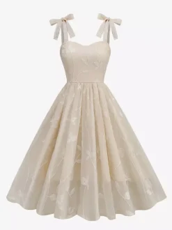 Floral Embroidery 1950s Vintage Midi Dress For Women - Cottagecore Tie Shoulder A-Line Sundress - Summer Wedding Guest 2026