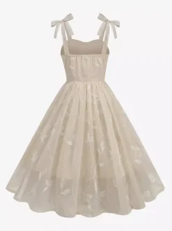 Floral Embroidery 1950s Vintage Midi Dress For Women - Cottagecore Tie Shoulder A-Line Sundress - Summer Wedding Guest 2026