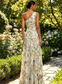 Floral Embroidery Tulle Maxi Dress One Shoulder Draped Neck High Slit Wedding Guest Formal Gown