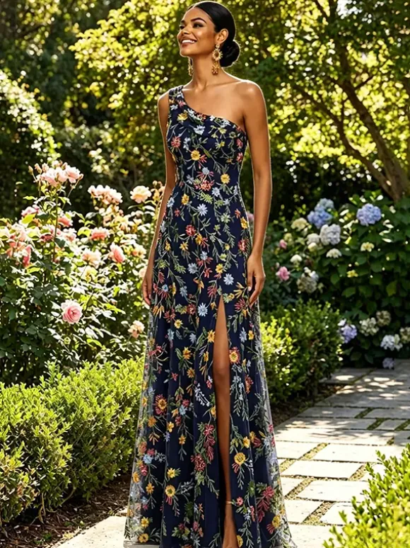 Floral Embroidery Tulle Maxi Dress One Shoulder Draped Neck High Slit Wedding Guest Formal Gown