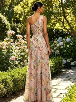 Floral Embroidery Tulle Maxi Dress One Shoulder Draped Neck High Slit Wedding Guest Formal Gown