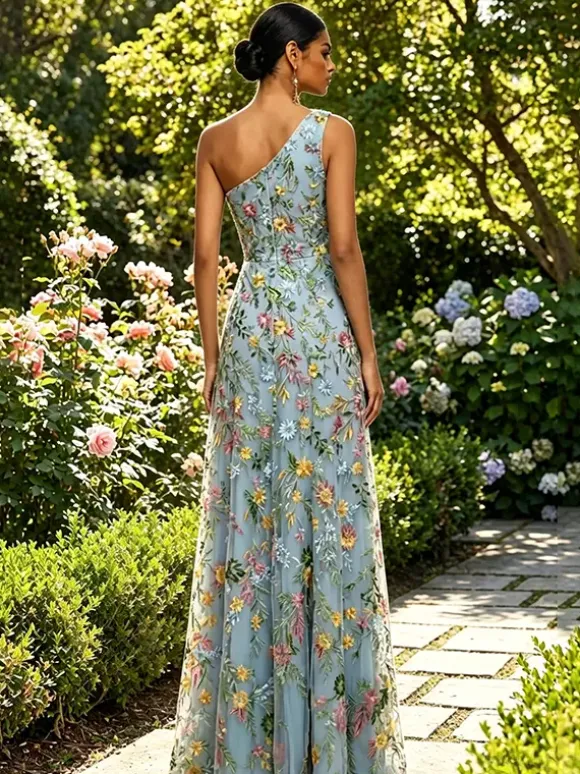 Floral Embroidery Tulle Maxi Dress One Shoulder Draped Neck High Slit Wedding Guest Formal Gown