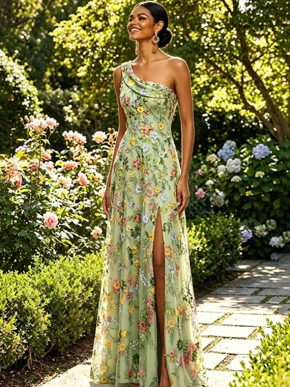 Floral Embroidery Tulle Maxi Dress One Shoulder Draped Neck High Slit Wedding Guest Formal Gown
