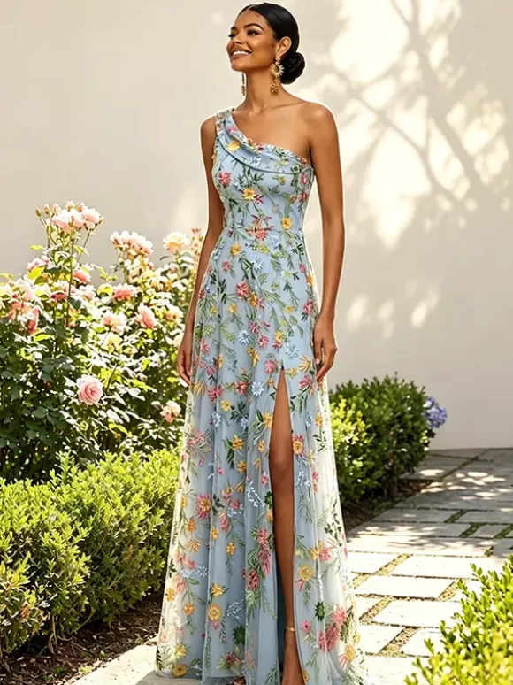 Floral Embroidery Tulle Maxi Dress One Shoulder Draped Neck High Slit Wedding Guest Formal Gown