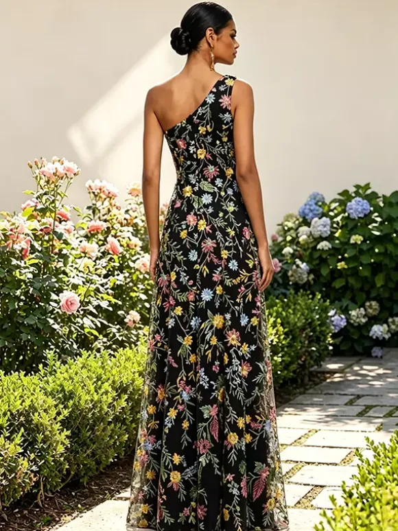 Floral Embroidery Tulle Maxi Dress One Shoulder Draped Neck High Slit Wedding Guest Formal Gown