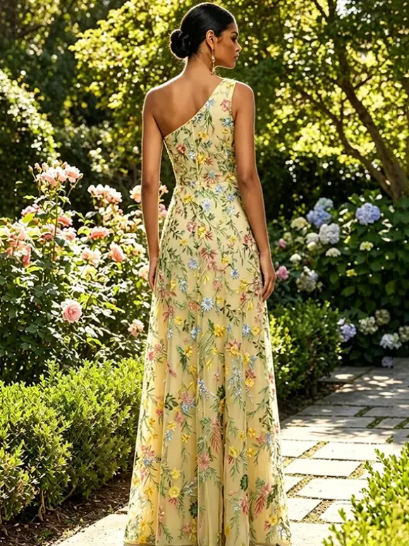 Floral Embroidery Tulle Maxi Dress One Shoulder Draped Neck High Slit Wedding Guest Formal Gown