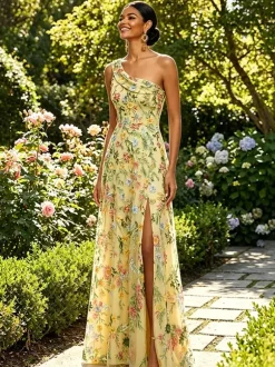 Floral Embroidery Tulle Maxi Dress One Shoulder Draped Neck High Slit Wedding Guest Formal Gown