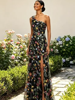 Floral Embroidery Tulle Maxi Dress One Shoulder Draped Neck High Slit Wedding Guest Formal Gown