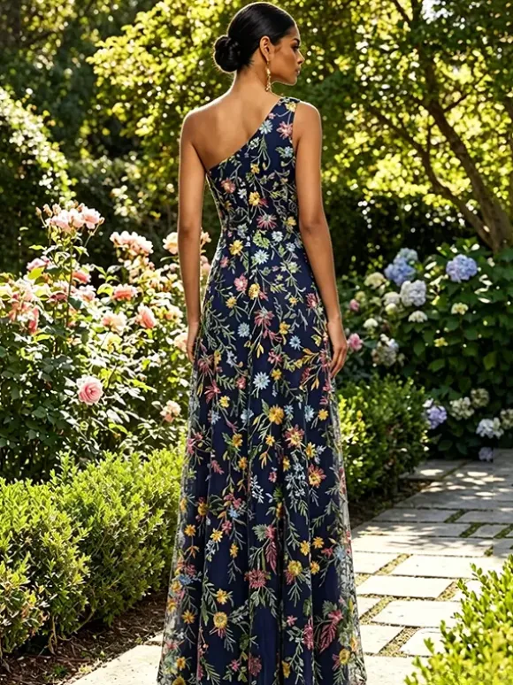 Floral Embroidery Tulle Maxi Dress One Shoulder Draped Neck High Slit Wedding Guest Formal Gown