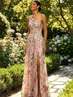 Floral Embroidery Tulle Maxi Dress One Shoulder Draped Neck High Slit Wedding Guest Formal Gown